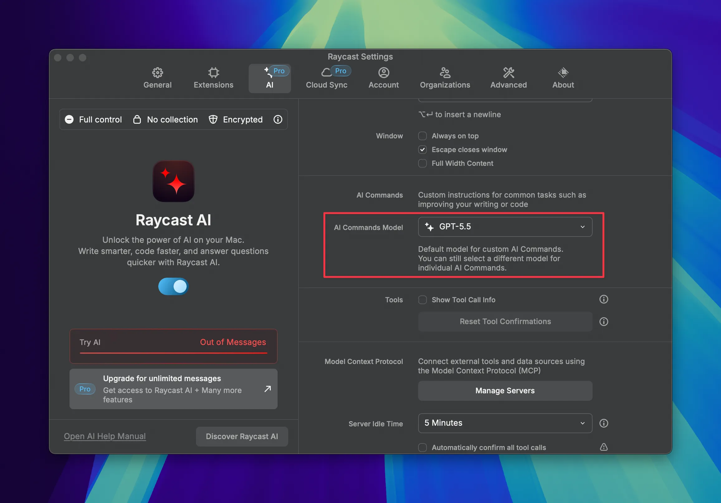 AI Commands Model setting